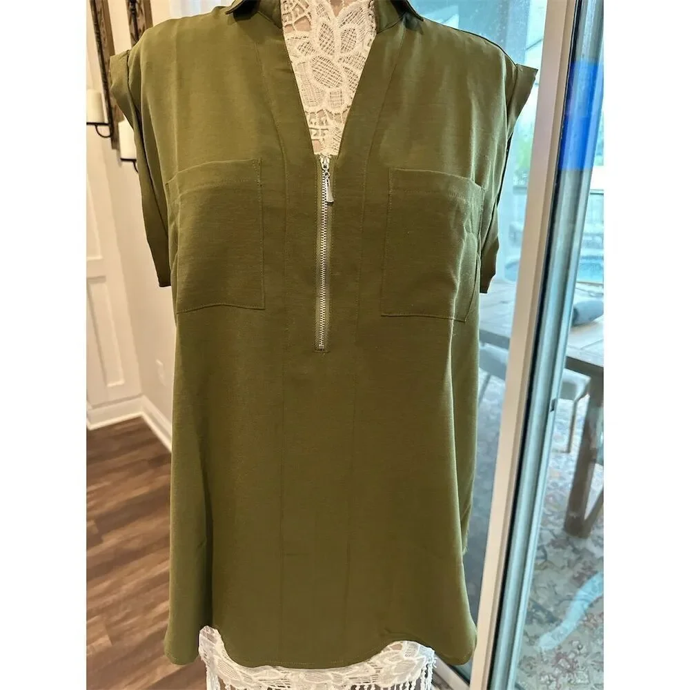 Moyabo Women's Sleeveless Collared Blouse w/ Front Zip & Pockets Green Size XL - Picture 2 of 7